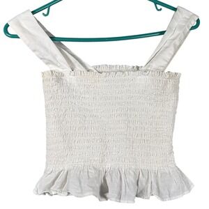 UNIQLO Womens S White Smocked Cotton Tank Top Small Ruffle Hem‎